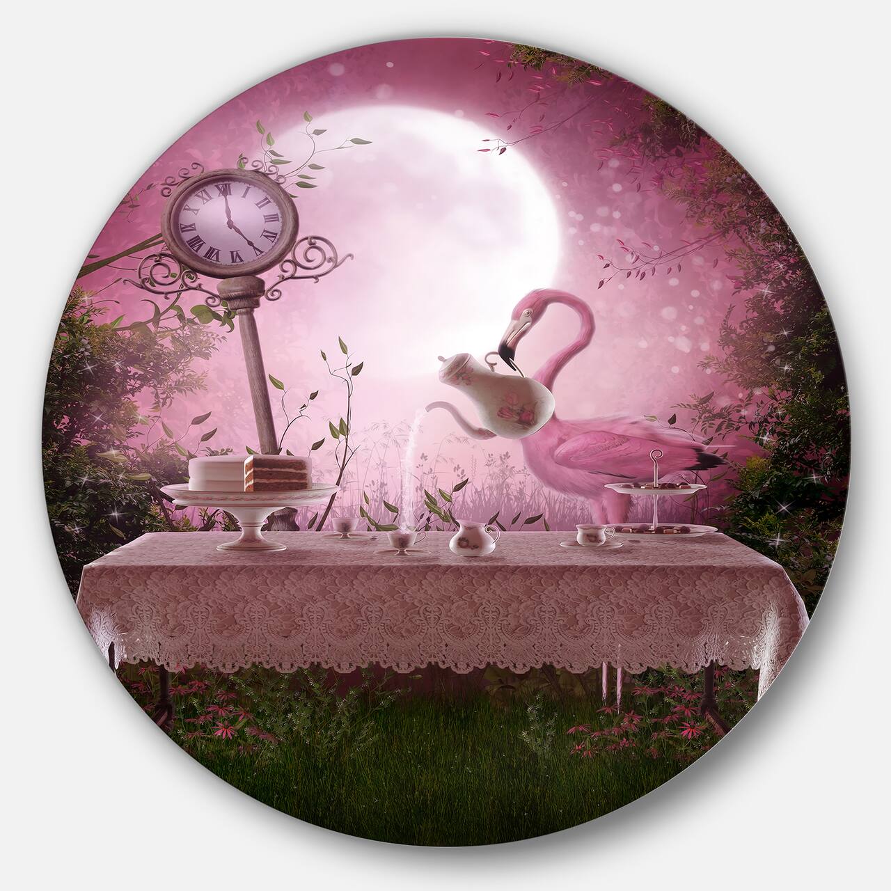 Designart - Fantasy Garden with a Flamingo' Landscape Metal Circle Wall Art